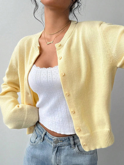 Women's Casual Solid Color Round Neck Long Sleeve Loose Cropped Top Single-breasted Sweater Cardigan Streetwear Autumn/Winter