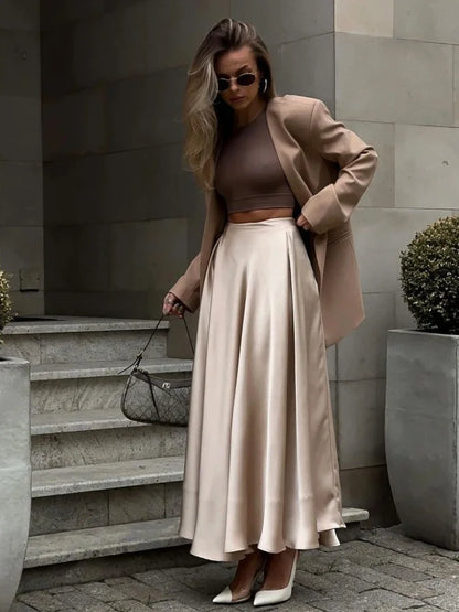 Elegant Women's Skirt Autumn Satin Silk Long Skirts for Women Fashion 2025 Lady Solid Color Khaki White High Waist Skirt Women