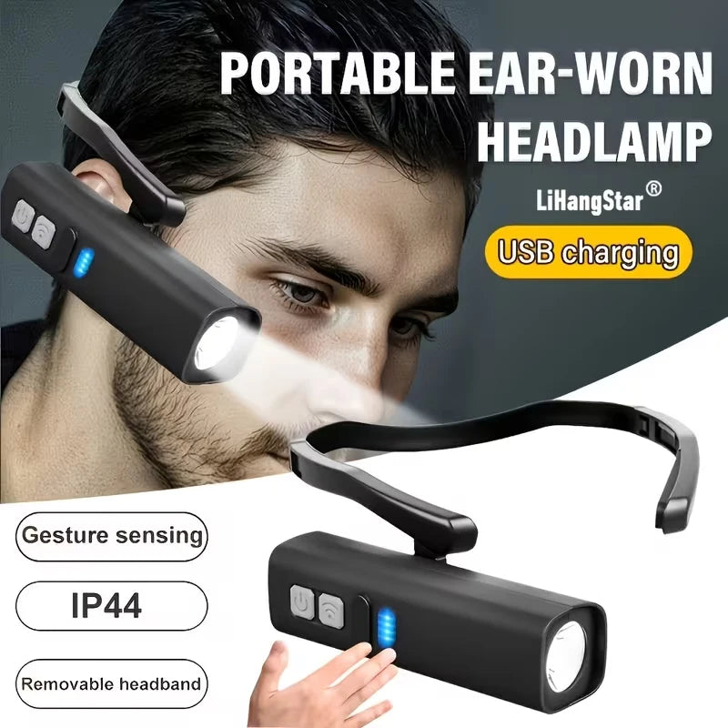 Side-mounted, ear-hook style headlamp with motion sensor; portable lightweight—ideal for outdoor night activities emergencies