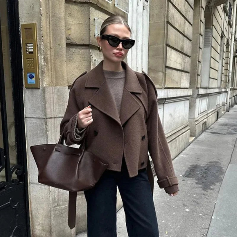 Elegant Solid Women Woolen Long Coats Loose Lapel Double-breasted Full Sleeve Shoulder Pads Overcoat 2026 Spring New Outerwears