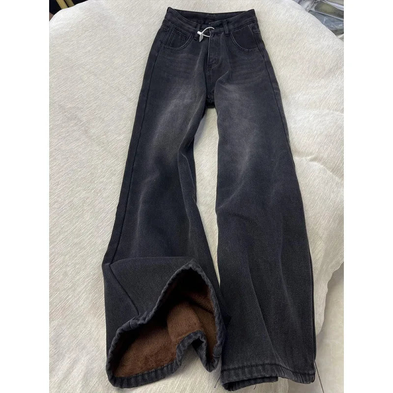 American High Street INS Trendy Wide Leg Jeans for Women Autumn Winter Plus Velvet Thick High Waist Loose Narrow Straight Pants