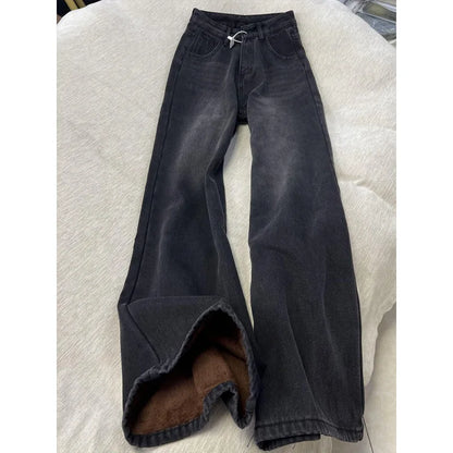 American High Street INS Trendy Wide Leg Jeans for Women Autumn Winter Plus Velvet Thick High Waist Loose Narrow Straight Pants