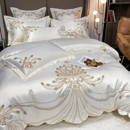 4/6Pcs White Gray Sateen Gold Embroidery Luxury Satin Cotton Bedding set Double Queen King Comforter Cover Bed Sheet Pillowcases