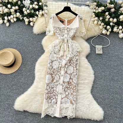 Women V-neck Vintage Short Sleeve Elegant Hook Flower Hollow Lace Chic Rhinestone Slim Dress French Evening High Street Clothing