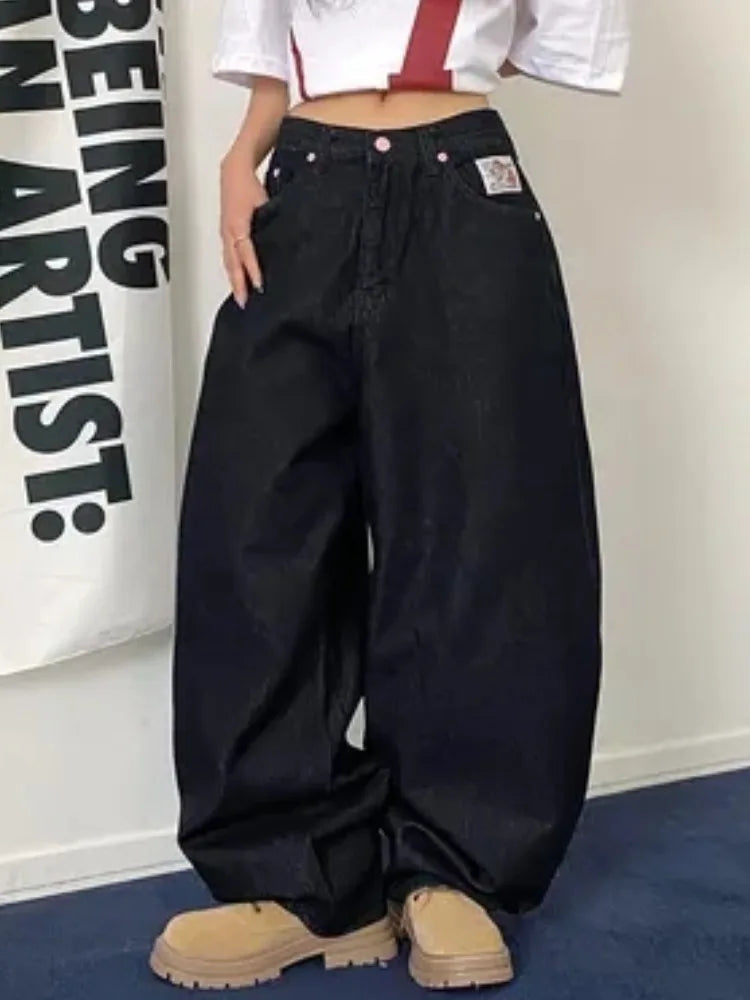 High Waist Straight Leg Bla Denim Jeans Women's Retro American Design kets Loose Fit Long Pants Slimming Effect