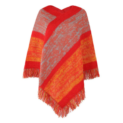 Autumn Winter Batwing Sleeve Rainbow Striped Poncho Women Fashion Sweater Cloak 2025 New Pullover Shawl Female Tassel Cape