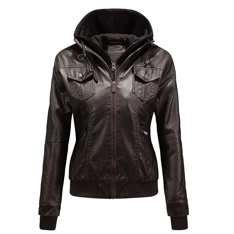2024 Autumn Winter Women's Motorcycle Jacket Black Slim Pu Leather Removable Hooded Zipper Leather Coat Female Casual Outerwear