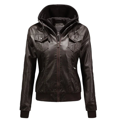 2024 Autumn Winter Women's Motorcycle Jacket Black Slim Pu Leather Removable Hooded Zipper Leather Coat Female Casual Outerwear