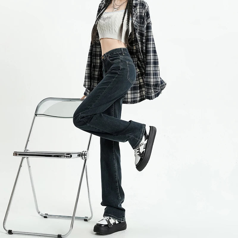 Autumn New Women's Stretch Jeans High Waist Slim Straight Vintage Washed Denim Pants Fashion Korean Street Y2K Female Clothing