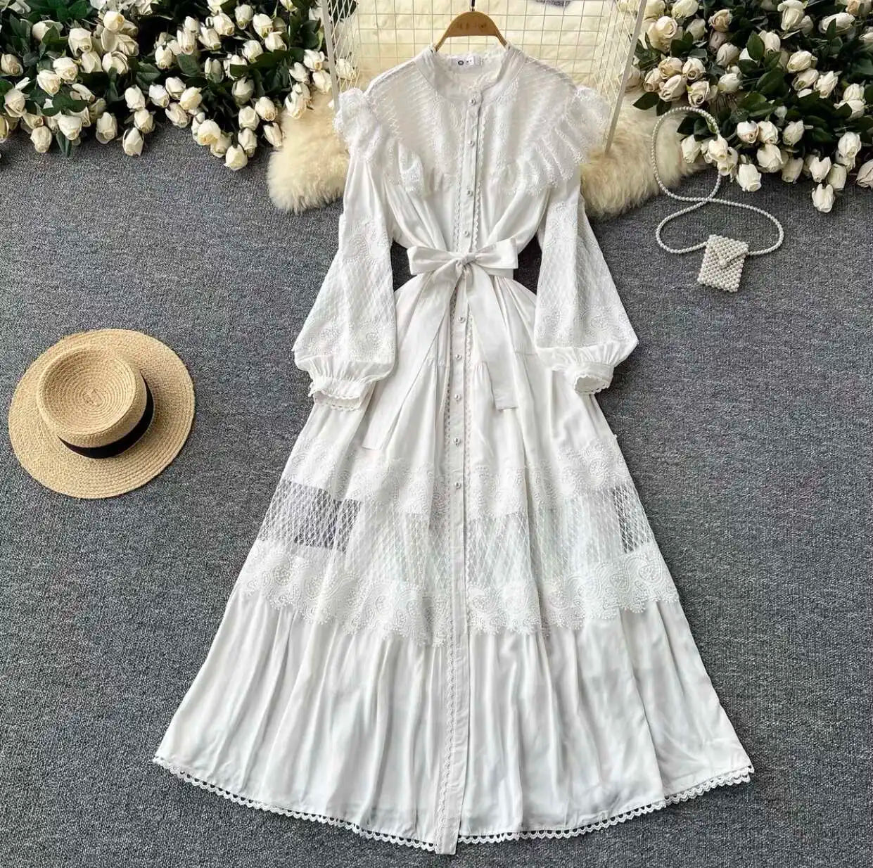 LGRQ For Women's Lace-up Single Breasted Lace Dress Fashion Hollow Out Bead Button Round Neck Dresses 2025 Autumn New Clothing