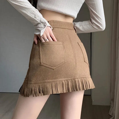Sweet Fashion Autumn New Deer Skin Velvet Women Solid Tassel Zipper Pockets Patchwork Chic High Waist Slim A-line Hip Wrap Skirt