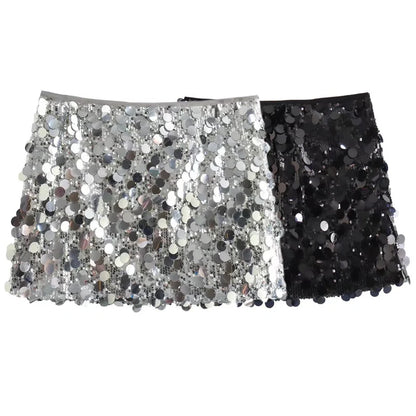 HXAO Women 2024 Sequin Dance Skirt Women's Skirt Summer High Waist Mini Skirts Shiny Silver Black A Line Skirt Chic Sexy Skirts