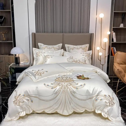 4/6Pcs White Gray Sateen Gold Embroidery Luxury Satin Cotton Bedding set Double Queen King Comforter Cover Bed Sheet Pillowcases
