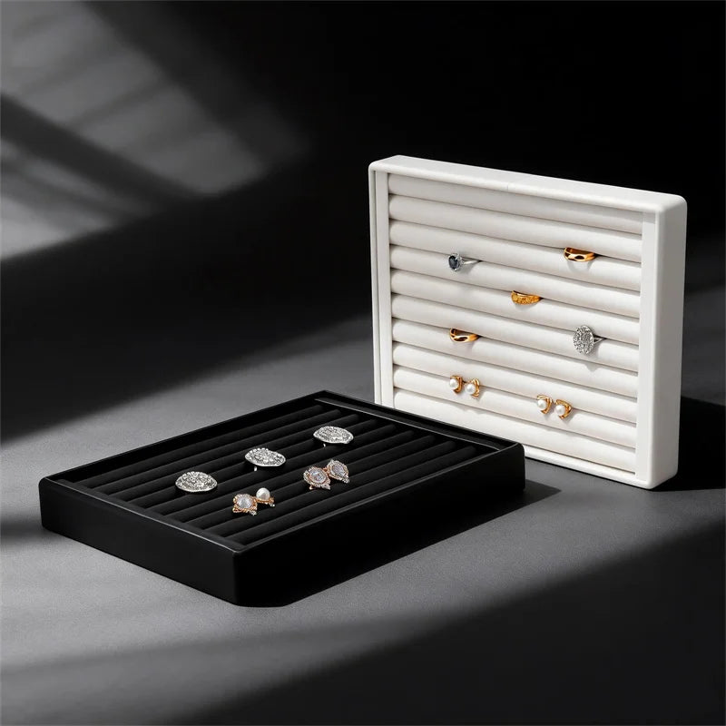Stackable Leather Ring & Earring Tray - 25x20cm Black White Storage Box with Lid - Jewelry Organizer