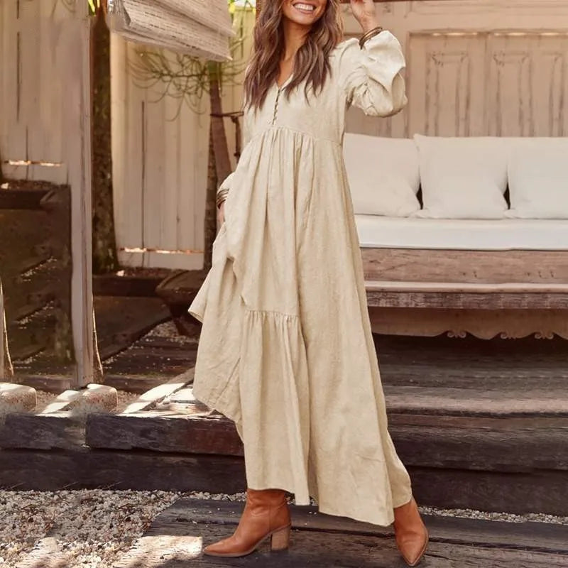 Cotton Linen Women Long Dress 2023 New Loose Fashion V-Neck Casual Solid Long Sleeve A-Line Sexy Dresses Elegant Ruffles Vestido