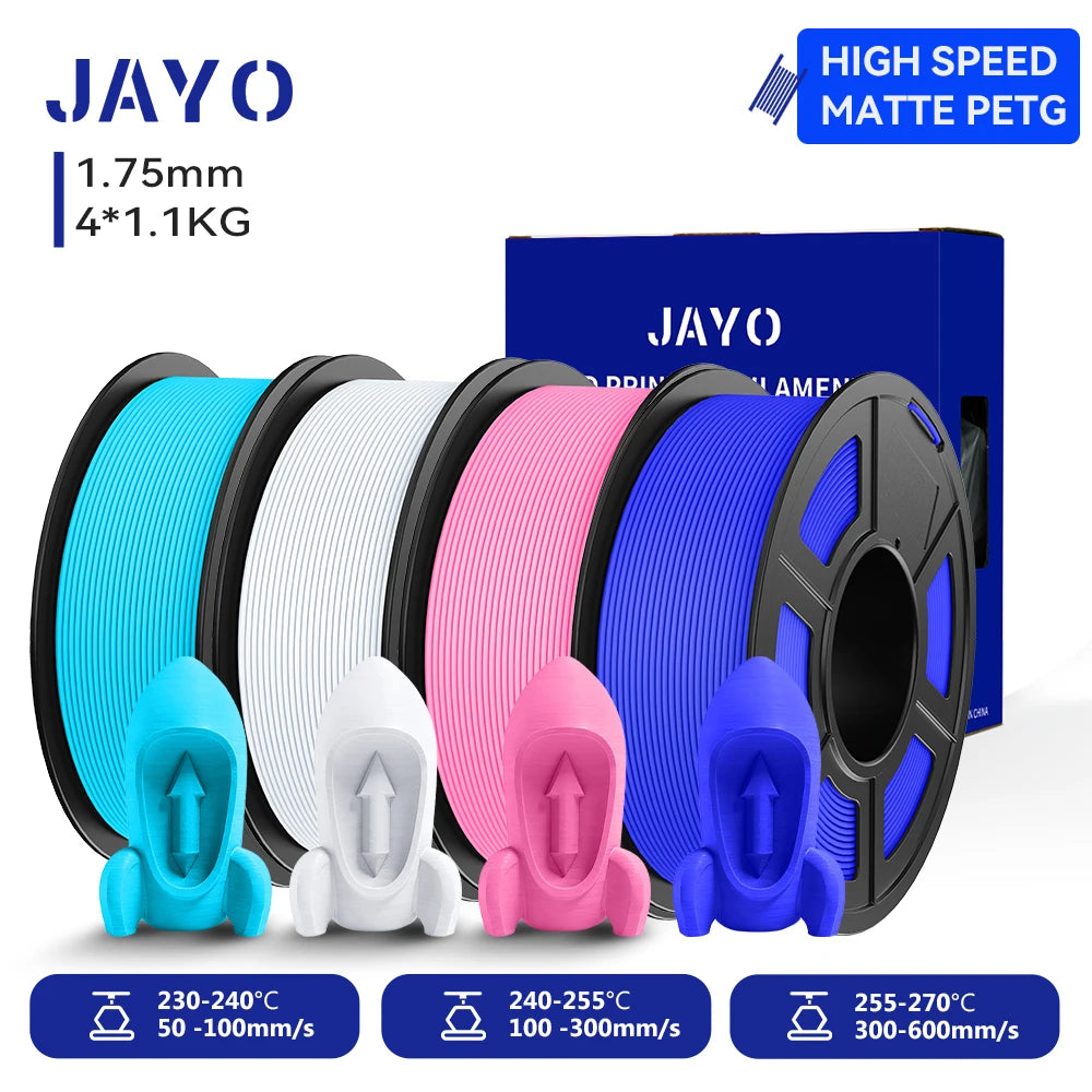 JAYO 4Rolls 3D High Speed Matte PETG 3D Filament 1.75mm 30mm/s - 600mm/s Print Range High Flow Speedy PETG 3D Printer Filament