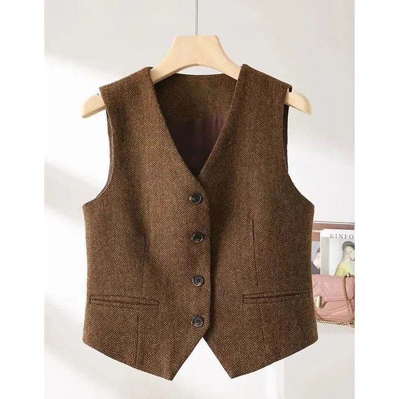New 2025 Spring Autumn V-neck Casual Woolen Vest Women Fashion  British Style Sleeveless Waistcoat Female Top Ladies Outwear