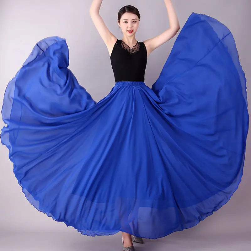 720 Degree Dance Skirt Pleated Long Skirt Women's Summer Solid Color High Waist Chiffon Long Skirt Large Swing Skirt