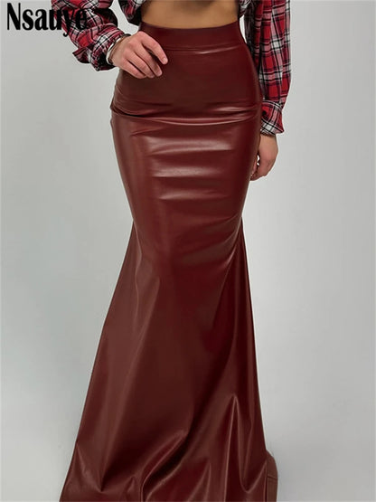 Nsauye Fashion Elegant PU Leather Long Package Skirts High Waisted Maxi Y2K Sexy Women Wrap Skirt Vintage Clothes 2025 Autumn