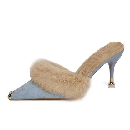 Women High Heel Shoes 2025 Fur Slippers Mules Pointed Toe Furry Slides Fashion Elegant Luxury Designer Flip Flops Office Pumps