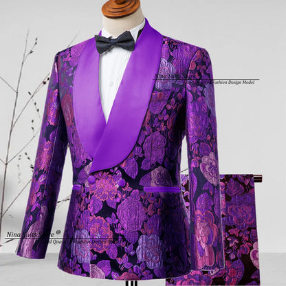 G&N 2025 New Jacquard Suit Men's 2-piece Formal Ball Performance Set Black Satin Collar Purple Rose Red Flower Pattern Costumes
