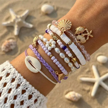 Cute Coral Starfish Shell Multi-Layer Bracelet for Women Ocean Series Fashion Stackable Beaded Jewelry Accessories