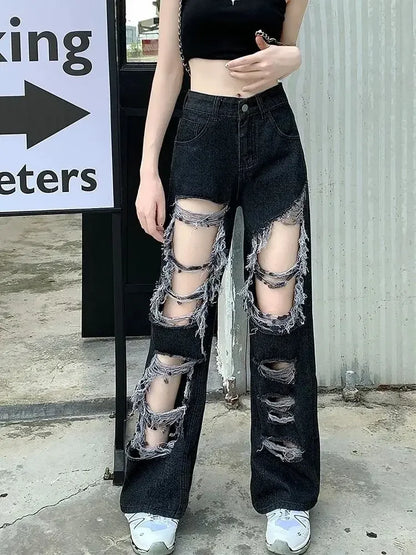 New Broken Hole Jeans All-Match Distressed Women High Street Hip Hop High Waist Straight Loose Trousers Y2k Washed Mopping Pants