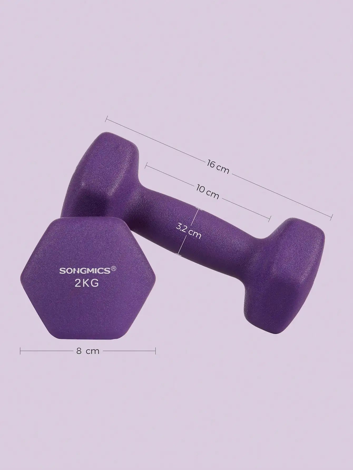 SONGMICS 2 x 2 kg Dumbbells, Neoprene Coating, Hexagonal Pair, Home Workout, Fitness Training, Purple, Ideal for Exercise