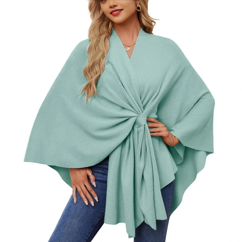 Women's Trendy Autumn And Winter Loose V-Neck Shawl Cape Elegant Shawl Wraps Casual Solid Color Soft Open Front Poncho bat shirt