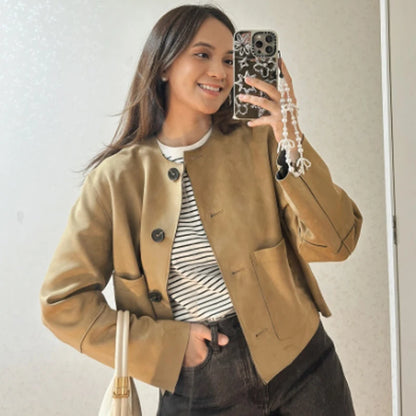 HXAO Suede Jacket Women Spring Outerwears 2025 New In Coats & Jackets Crop O-Neck Button Long Sleeve Coats Chic Elegant Jackets