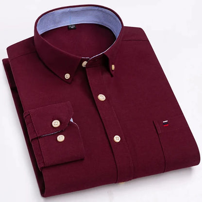 Men's Long Sleeve Oxford Dress Shirt 100% Cotton Plaid Checkered Chest Pocket Button Down Collar Casual Shirts