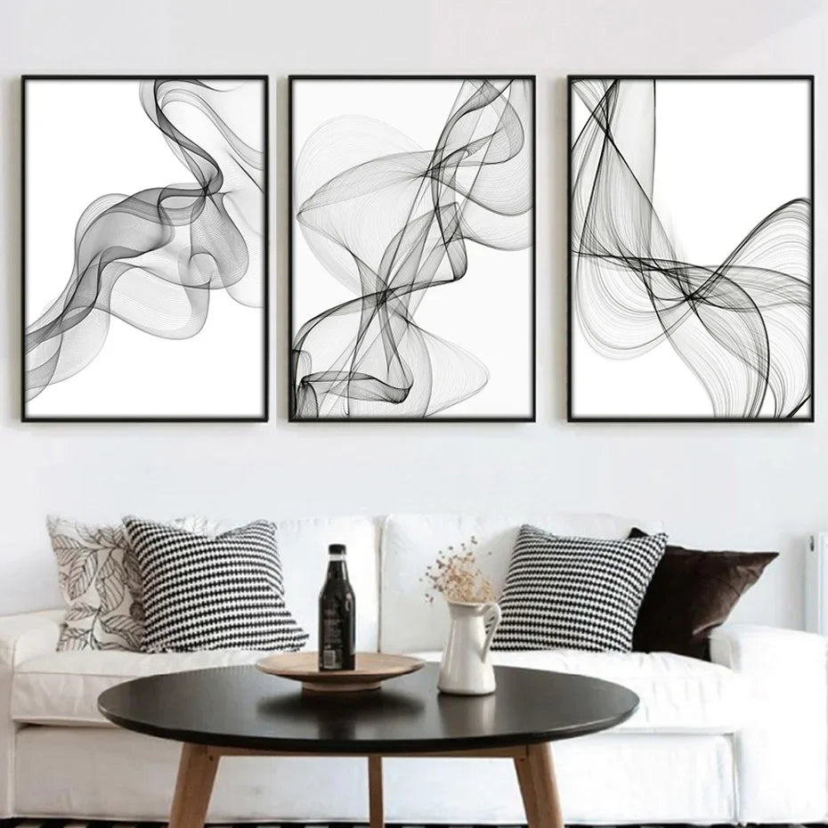 Canvas Prints Paintings Interior Wall Art Minimalist Black White Abstract Wavy Lines Poster Pictures for Living Room Home Decor