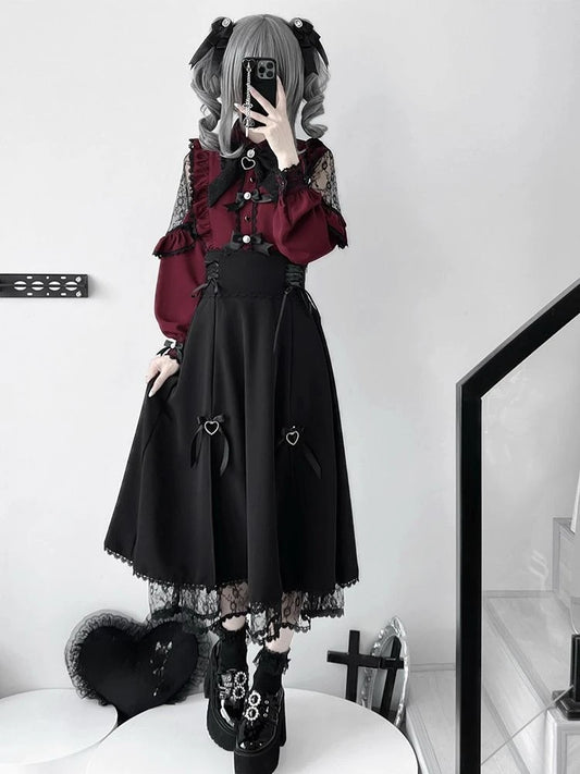 Japanese Lolita Lace Patchwork Skirts Women Summer New Slim High Waist Midi  Black Skirts Gothic Vintage Bandage Skirt Hot Girls
