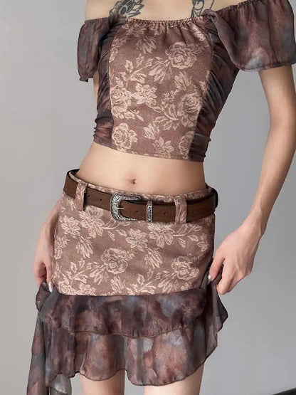 Y2K subculture retro engraved waist belt women's rose pattern brown pants beltmei niche design sense leather belt