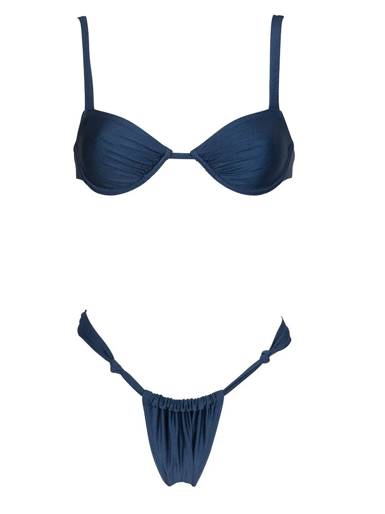 Women Push Up Swimwear 2025 Bikinis Thongs Swimsuit Biquinis Bandage tied Beachwear Solid Bathing Suit Sexy Triangle Bikini Sets