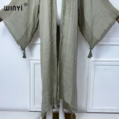 WINYI kimono Make an old fringed cardigan abaya dubai luxury Elegant beach outfits for women sexy cotton feeling dress kaftan