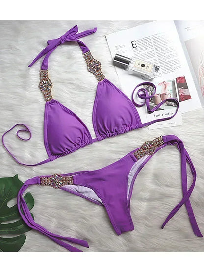 Halter Crystal Rhinestone Diamond Bikini 2025 Female Swimsuit Women Swimwear Two Pieces Bikini set Brazilian Bathing Suit Swim