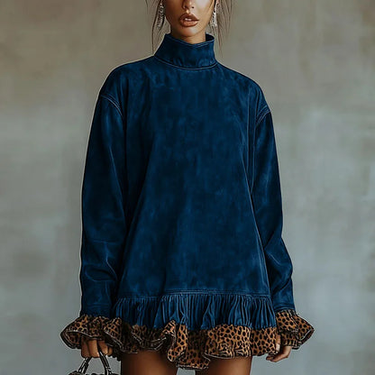 Vintage Fashion Patchwork Leopard Ruffle Dress Woman Casual Turtleneck Slim Mini Dress Autumn Long Sleeve Female Pullovers Dress