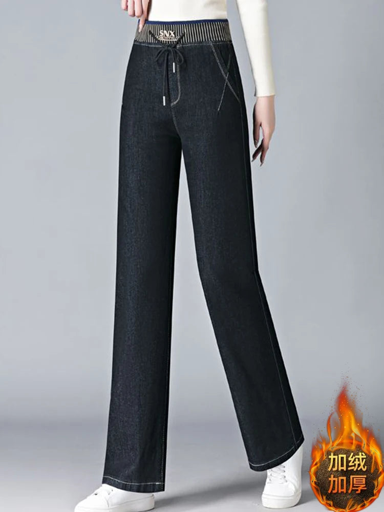 Elastic High Waist Baggy Straight Jeans Winter Warm Thicken Velvet Lined Wide Leg Denim Pants Women Casual Vintage Vaqueros New