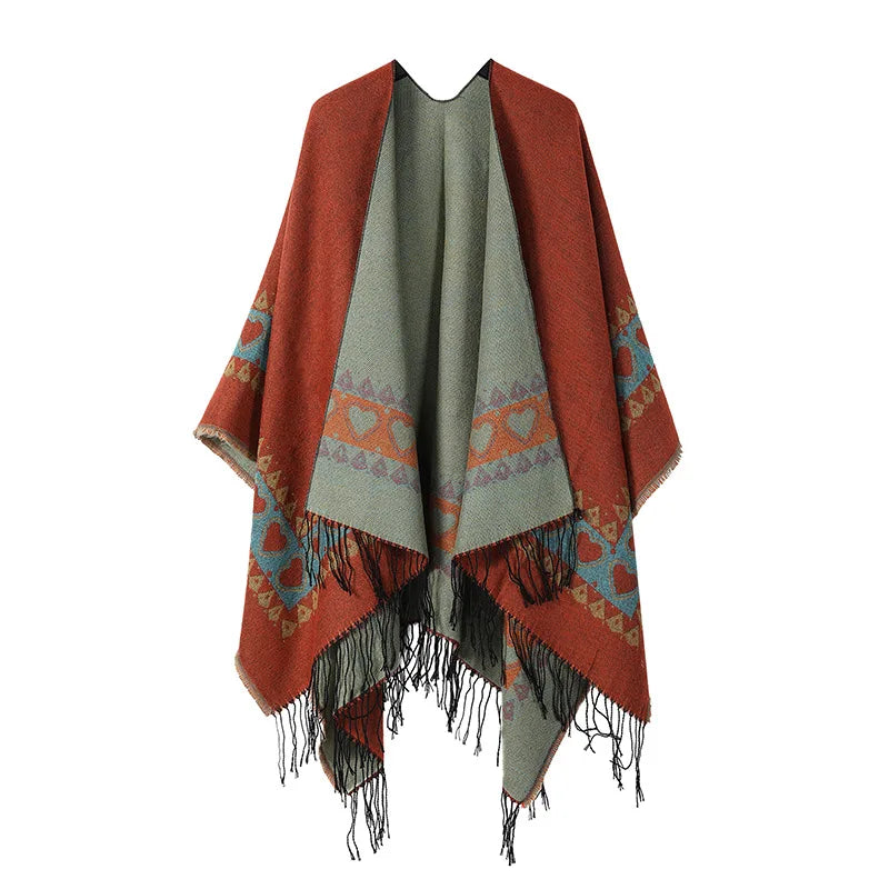 Poncho New Split Warm Shawl Vintage Ethnic Style Scarf Imitation Cashmere Tassel Women Cape Lady Cloak Warm Coat Khaki