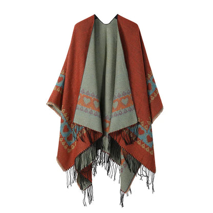 Poncho New Split Warm Shawl Vintage Ethnic Style Scarf Imitation Cashmere Tassel Women Cape Lady Cloak Warm Coat Khaki