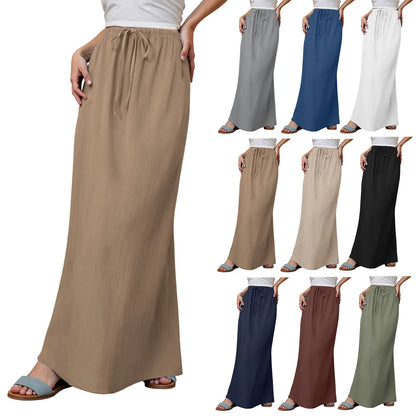 Women Summer Cotton Linen A Line Skirts Elastic Waist Drawstring Comfy Trendy Long Skirt Boho Beach Vacation Long Skirt