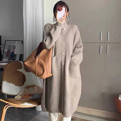 Solid Loose High Neck Women Mid Length Sweater Coat Spring Autumn Korean Single Breasted Casual Long Sleeve Knit Cardigan 6762#