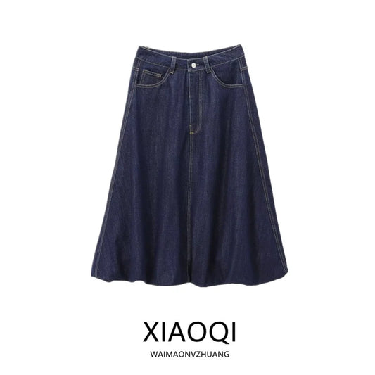 Women's Mid-Waist Cotton Denim Casual Skirt Autumn Winter New Arrival Balloon Sle  Midi Skirts Versatile Faionable