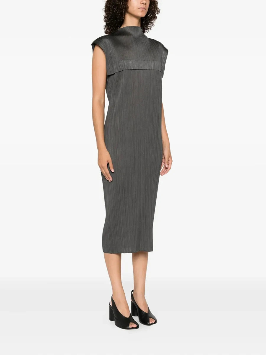 Miyake Pleated High Neck Sleeveless Midi Dress