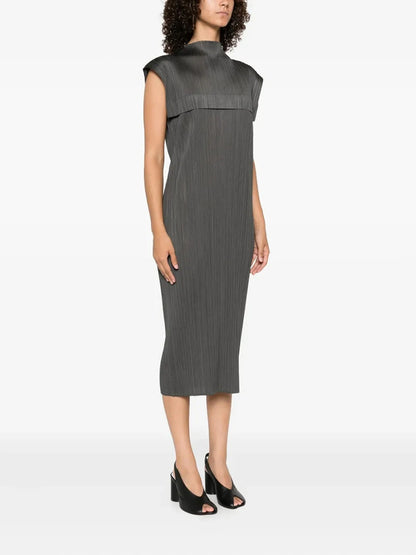 Miyake Pleated High Neck Sleeveless Midi Dress