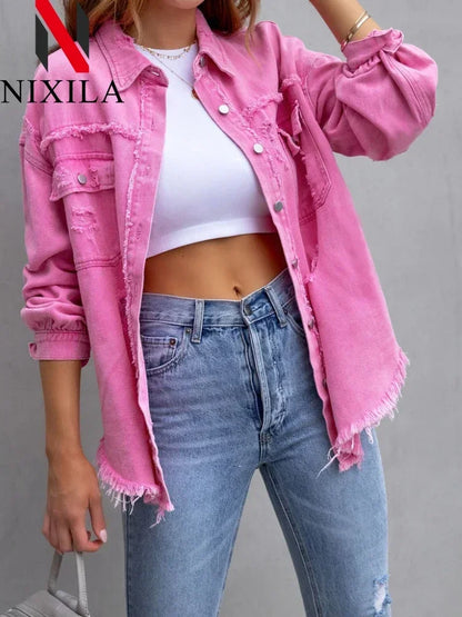 Spring Autumn Denim Women's Jacket Rough Selvedge Ripped Loose Fit Long Sleeve Korean Fashion Female Top