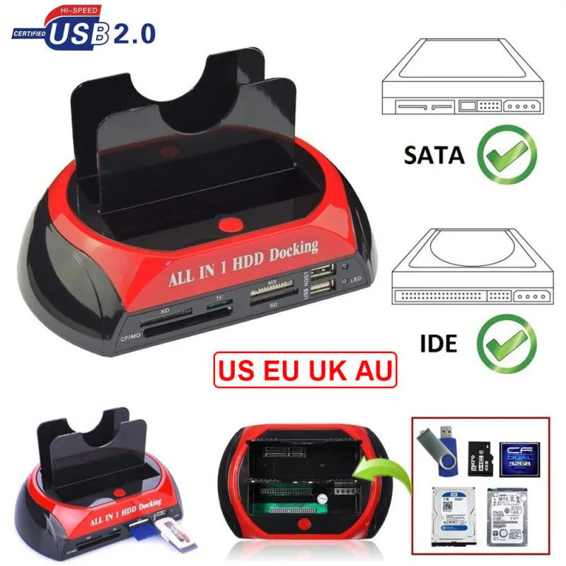 Hannord All in 1 HDD Docking Multifunc 2.5/3.5'' SATA Multi-Function HDD Docking Station IDE&SATA Hard Disk Base USB HUB Reader