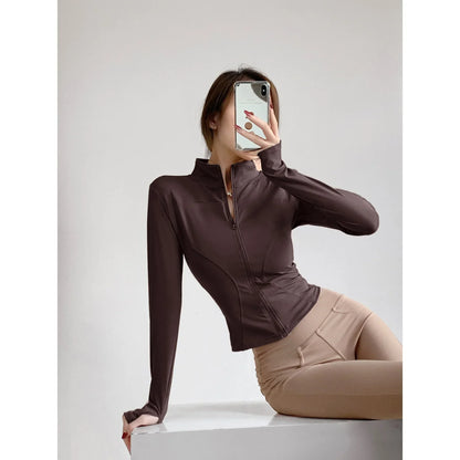 S-3XL Women's Fitness Jackets Yoga Coat with Zipper Slim Running Wear Stretch Gym Crop Top Lightweight Sports Outerwear Hoodless
