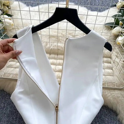 XFPV Women's Mini Dress New Elegant V-neck Sleeveless Button Zipper Folding Fashion Evening Party Clothing Female  22D1613